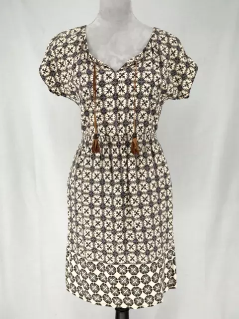 Sonoma Life Style Print Dress Size XS Womens Brown Beige Elastic Waist Tassels