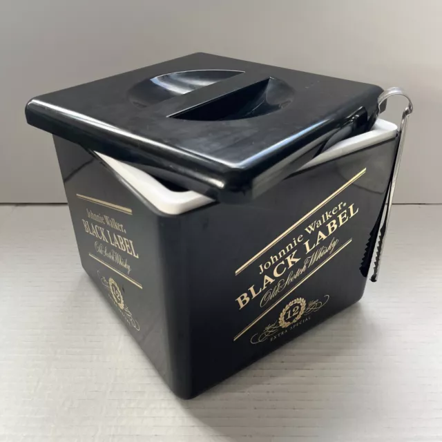 VTG Johnnie Walker Black Label Scotch Whiskey Ice Bucket 8x8x8" Holder Tongs