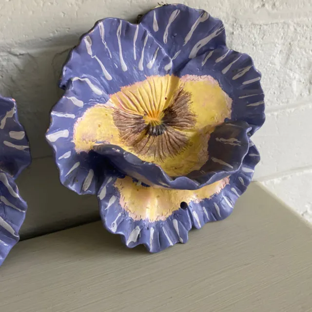 Hand Crafted Studio Pottery Wall (Pair) Hanging Purple Pansy