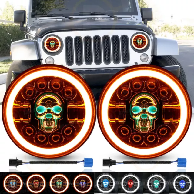 2x 7" Zoll Runde RGB Totenkopf LED Scheinwerfer Halo DRL für Jeep Wrangler  D5M2