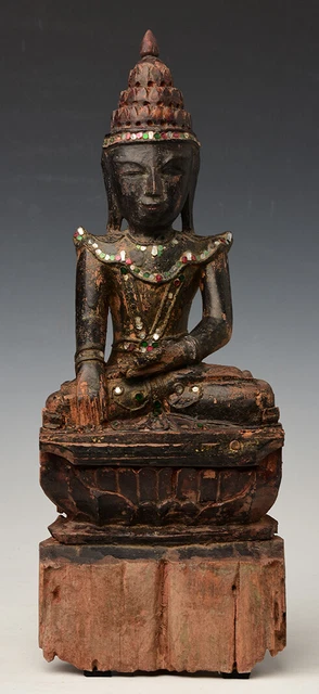 18th Century, Shan, Antique Burmese Wooden Seated Crowned Buddha