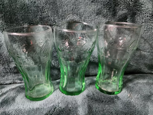 Set Of 3 Vintage Green Glass Coca Cola Coke Glasses 3" Mini Glasses Shot Juice