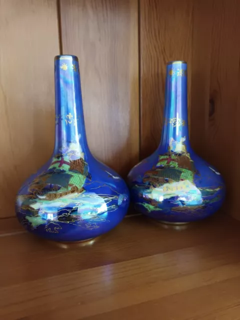 Antique Pair of Crown Devon Fieldings Lustrine Vases Galleon Pattern Art Deco