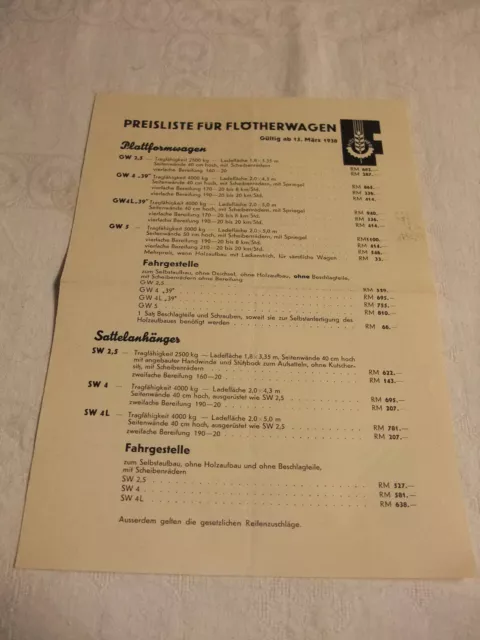 Werbung Reklame Preisliste für Flötherwagen Agrar Landtechnik Firma Flöther 1938