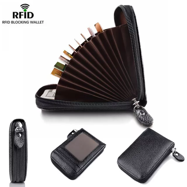 Men's Wallet Genuine Leather Card Holder RFID Blocking Zipper Thin Purse Pocket