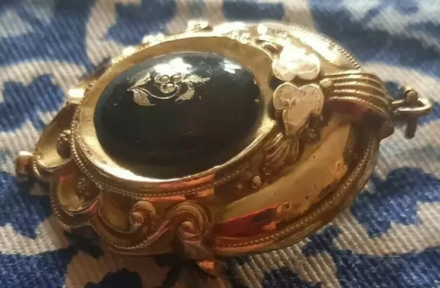 ANHÄNGER BROSCHE SPÄTBIEDERMEIER Schaumgold schwarze EMAIL Perlen um 1880 3