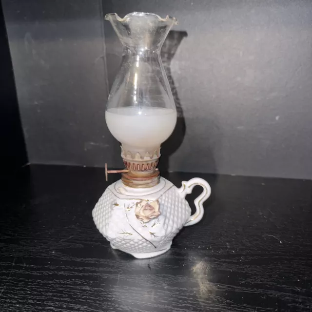 Miniature Relco Japanese Porcelain 3D Embossed Pink Rose Oil Finger Lamp Lantern