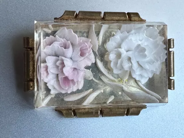 Superb French 1930s Art Deco reverse caved Lucite Brooch wPale Pink Carnations