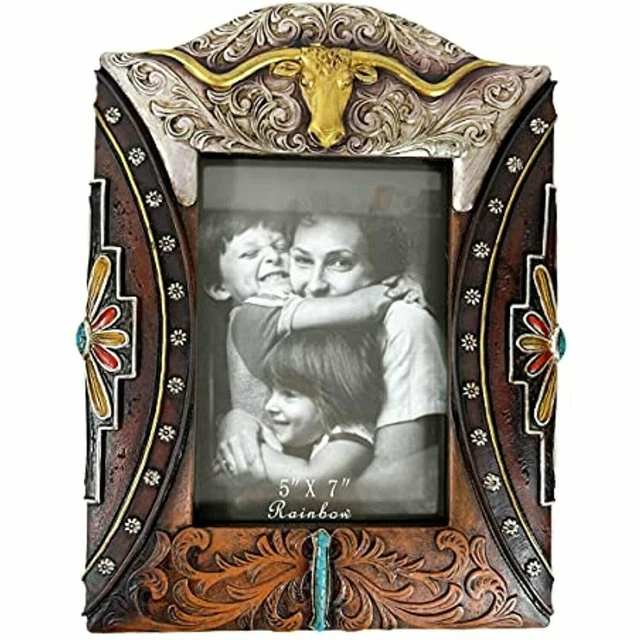Urbalabs Cowboy Golden Longhorn Cow Teal Western Decor Picture Frame 5 x 7