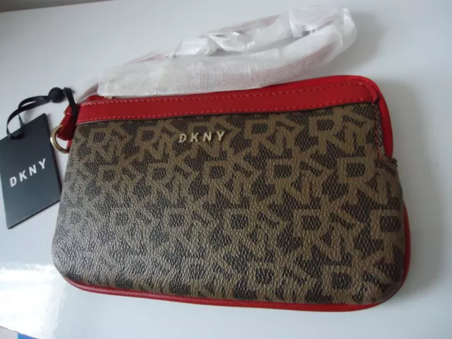 DKNY BRYANT LOGO Wristlet Pouch Brown Red BNWT 35.00