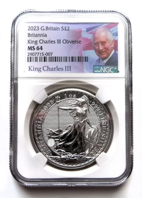 2023 GB 1 oz Silver Britannia ~ NGC Graded MS64 King Charles III Label