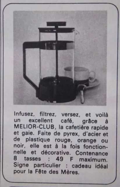 Publicité De Presse 1972 - Cafetière Meliot Club Rouge Pyrex - Advertising