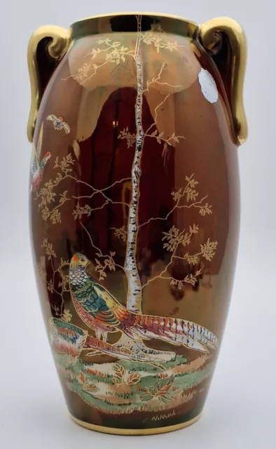 LARGE GILDED ART DECO CROWN DEVON LUSTRE PHEASANTS VASE c.1930's - PERFECT