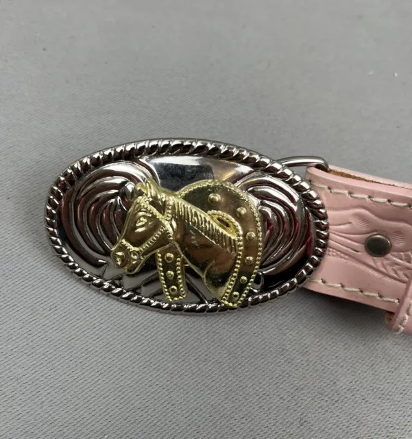 Nocona Girls Western Pink Leather Cowgirl Belt With Horse Buckle Size 28