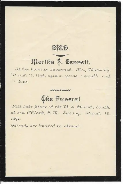 Funeral Notice - Martha S. Bennett, Savannah, MO March 15, 1894