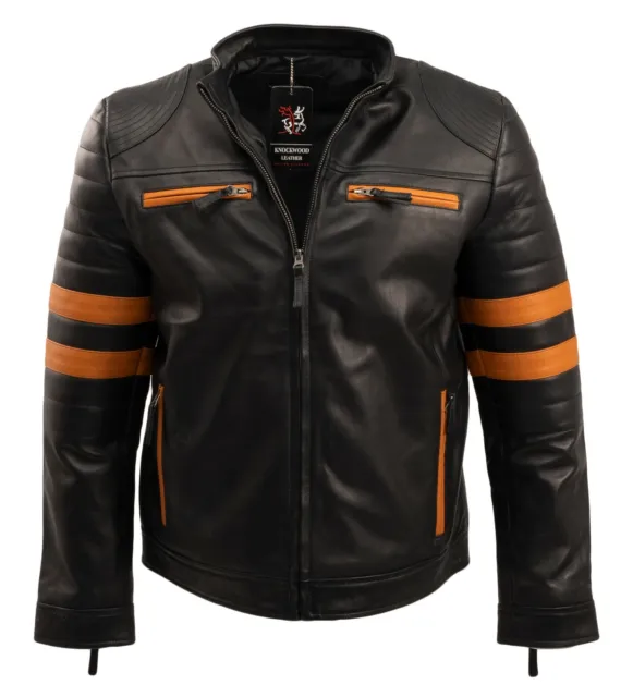 Mens Real Leather Jacket Biker Black and Orange Striped Vintage Retro Cafe Racer
