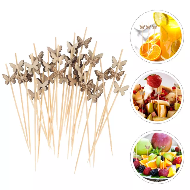 100 Butterfly Cocktail Picks Wooden Fruit Sticks Disposable Bamboo Skewers-DO