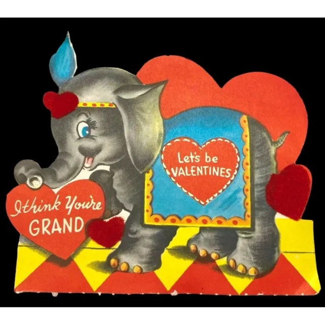 Valentines Day Vintage Greeting Card Circus Elephant Hearts Flocked 40s