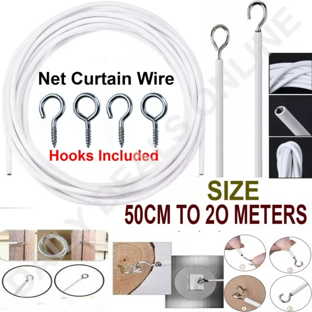 Net Curtain Wire White Window Voile Cord Cable FREE HOOKS & EYES Choose Lengths