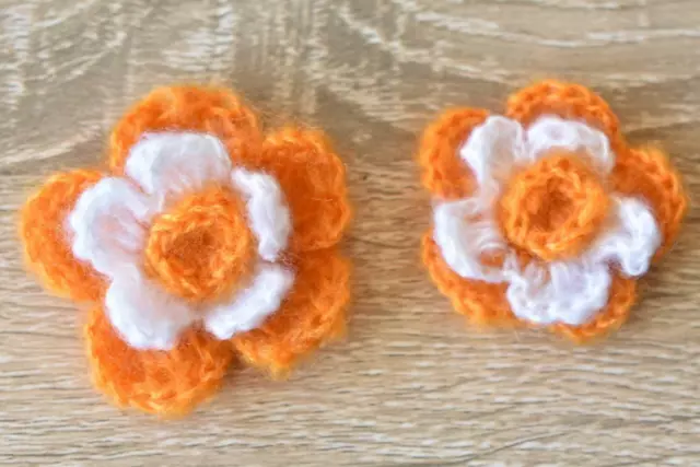 CR07 Two Layer Crochet Flowers ORANGE 6pcs 40mm Handmade Motif Appliques