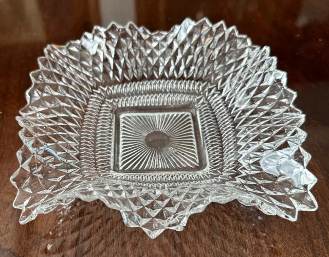 Vintage INDIANA Clear Glass Square Ruffled Diamond Point Candy/Nut Dish Bowl