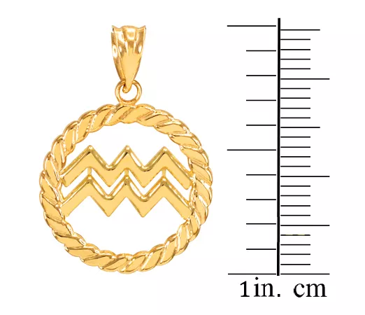 14k Gold Aquarius Zodiac Sign in Circle Rope Pendant Necklace 2