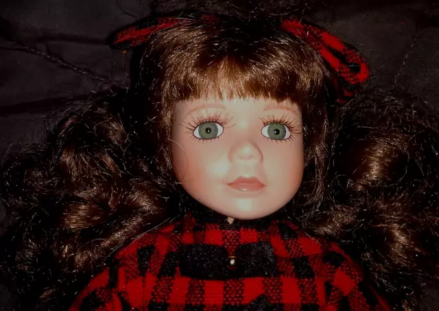 12-in Collectors Choice porcelain doll with original clothes & stand, circa 2000