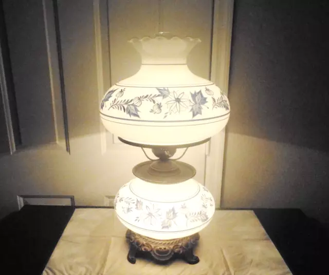 Gwtw Rare Antique 3-Way Parlor Size Milk-Glass Floral Themed Hurricane Lamp