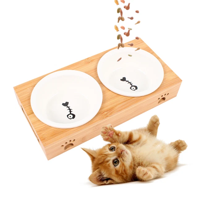 Bamboo Pet Dining Table Set With Ceramic Bowls Food And Water Feeder Stand Home