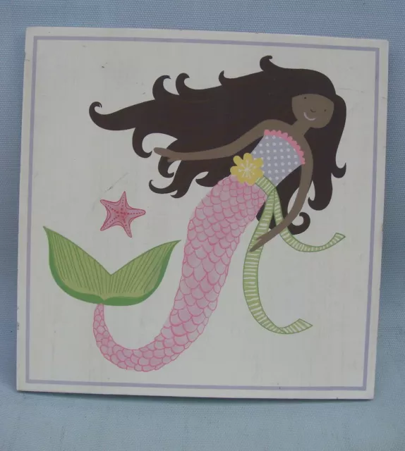 Pottery Barn Kids Under The Sea Brunette Mermaid wood plaque wall art 15" square