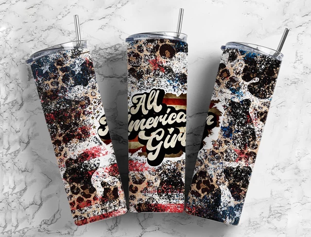 Leopard Flag All American Girl Patriotic USA 20 Oz Metal Tumbler w/Lid and Straw