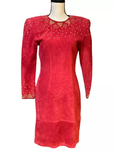 Vtg Pia Rucci Red Leather Suede Dress Sz 6 Gold Studs 80s Dynasty Dallas