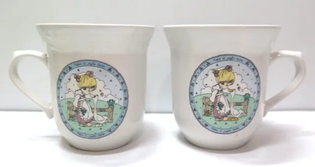 2 x Vintage 1992 Precious Moments Ceramic Mugs Girl & Goose Make A Joyful Noise