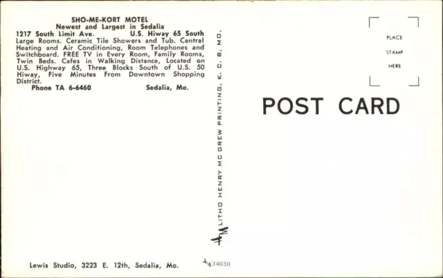 SHO-ME-KORT MOTEL ~ Sedalia Missouri MO ~ 1960s cars ~ vintage postcard ...