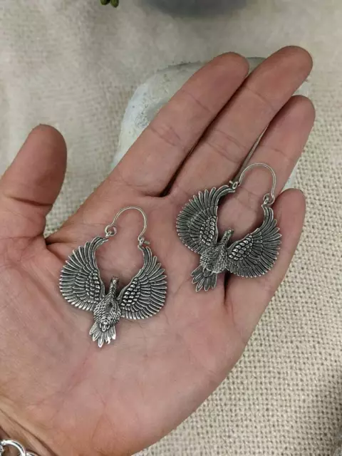 925 Silver Plated Vintage Afghani Brass Hoops Earrings Tribal Eagle Earrings
