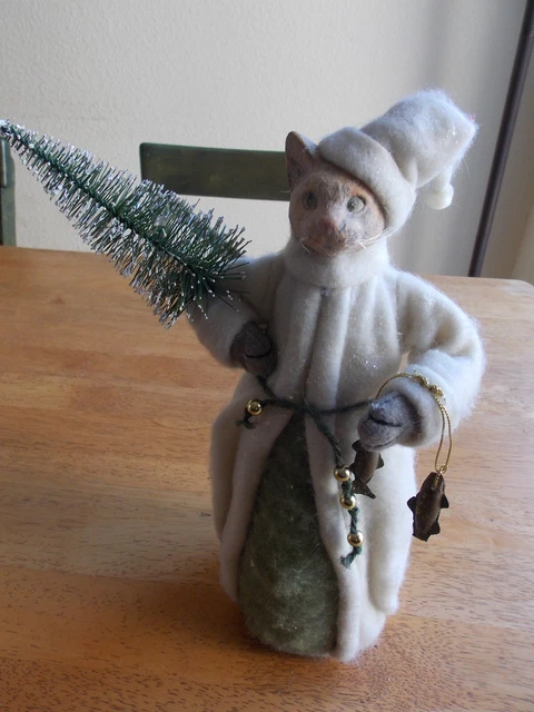 11"  Cat Wearing Winter Coat & Hat Carrying Christmas Tree & Fish Figurine