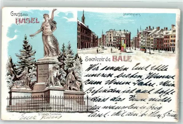 13493714 - Basel Gruss aus mit Glimmerauflage Denkmal St. Jakob AK Winterlitho