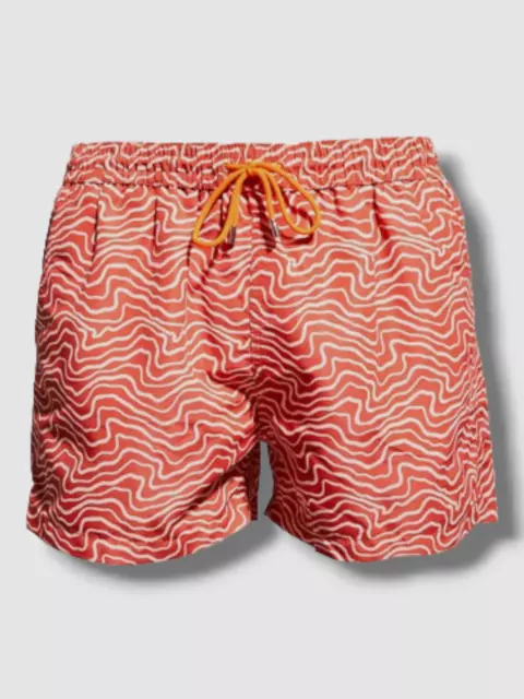 $175 Paul Smith Mens Red Drawstring Waist Ripple-Print Swim Trunks Shorts Size L