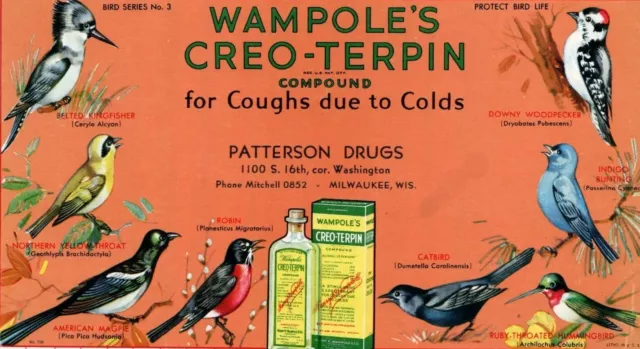 C1940 Wampole's Patterson Drugs Milwaukee WI Advertising Bird Ink Blotter Unused