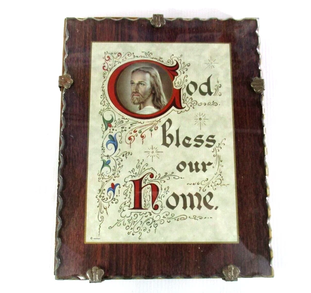 God Bless Our Home Religious Plaque Freestanding or Wall Hung 23cm x 18cm 1960s