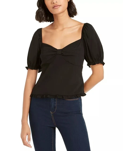Ash & Violet Women's Knot-Front Pouf-Sleeve Top Black Size Large