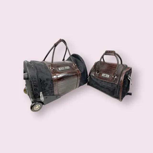 BRIGHTON Rolling Carry On & Shoulder Tote Set Black Canvas w/Brown Croc Leather