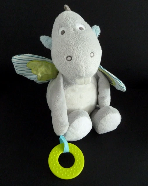 F9. DOUDOU PELUCHE OBAIBI DRAGON gris bleu vert blanc 26cm assis grelot vibr TBE
