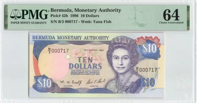 BERMUDA 10 Dollars 1996, P-42b, B/2 000717, PMG 64 Choice UNC, QEII Note, Scarce