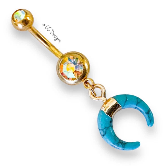 14g Gold IP Aurora Borealis Sparkle Cz Dangle Blue Charm Belly  Button Ring