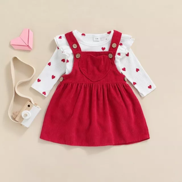 Infant Baby Girl 2 Piece Suit Heart Ruffle Romper Tops Corduroy Suspender Skirt