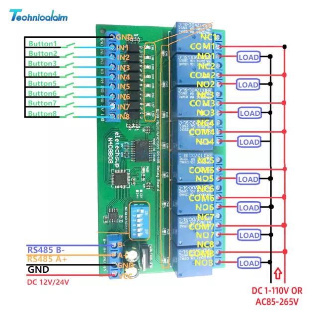 DC 12V 24V 8CH DIN35 C45 UART RS485 Relay Module Modbus RTU Control Switch Board