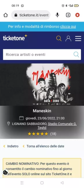 2 biglietti concerto Maneskin 23/06/30/2022 Lignano