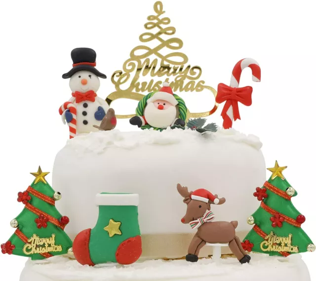 10 PIECE DELUXE SET Merry Christmas Cake Decorations yule log cupcake toppers