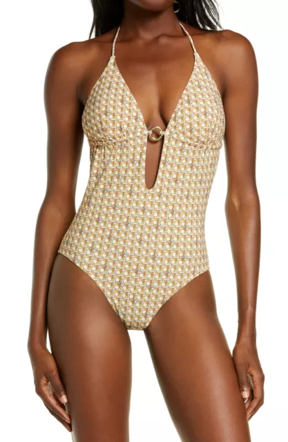 MSRP $228 Tory Burch Basket Weave Print Ring One-Piece Swimsuit, Size X-Small